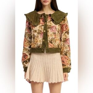 Jacqui E Nathalia Green & Cream Floral jacquard cropped front-snap jacket Size M